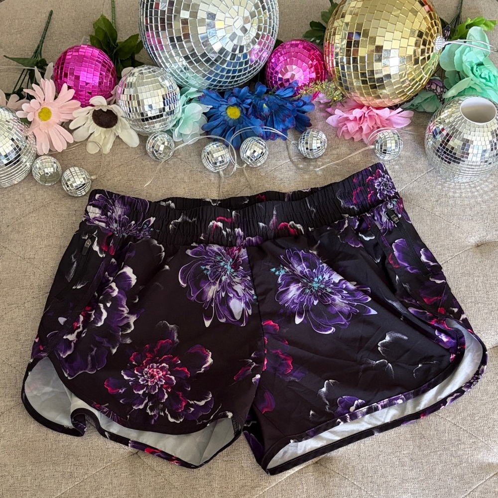 Black Floral Running Shorts - Purple & Pink Flowers